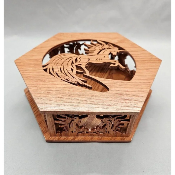 Handcrafted 6-sided Wooden Trinket Box Unicorn Laser Cut Brown Keepsake Jewelry - Picture 1 of 16